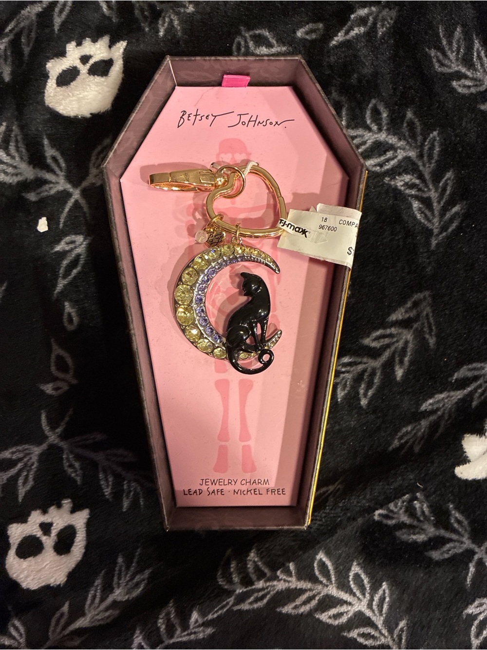 Betsey Johnson Black Cat on Pink & Gold Crescent Moon Keychain